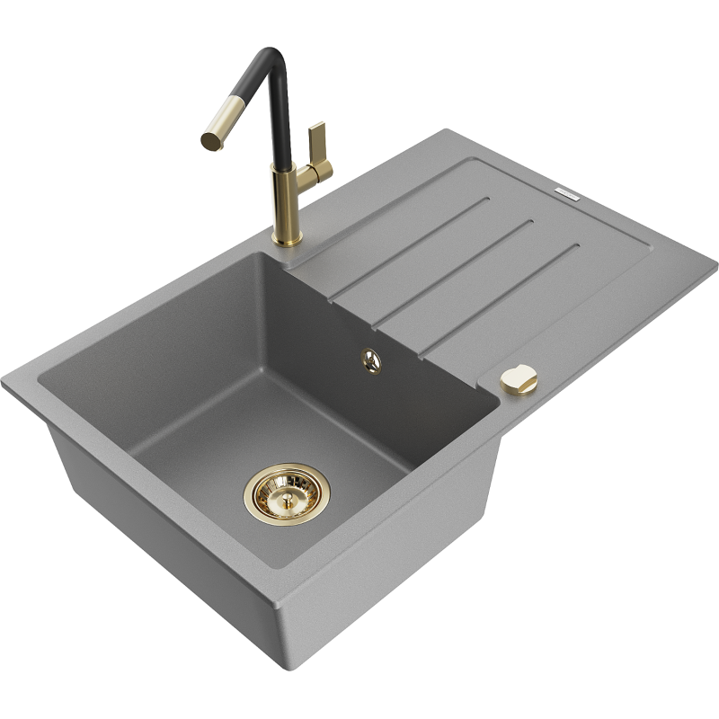 Mexen Bruno Granitspüle 1-Becken mit Abtropffläche und Küchenarmatur Flora, Grau - 6513-71-670401-57-G