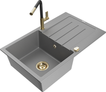Mexen Bruno Granitspüle 1-Becken mit Abtropffläche und Küchenarmatur Flora, Grau - 6513-71-670401-57-G