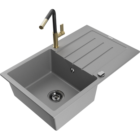 Mexen Bruno Granitspüle, 1 Becken mit Abtropffläche und Küchenarmatur Flora, grau - 6513-71-670401-57-B