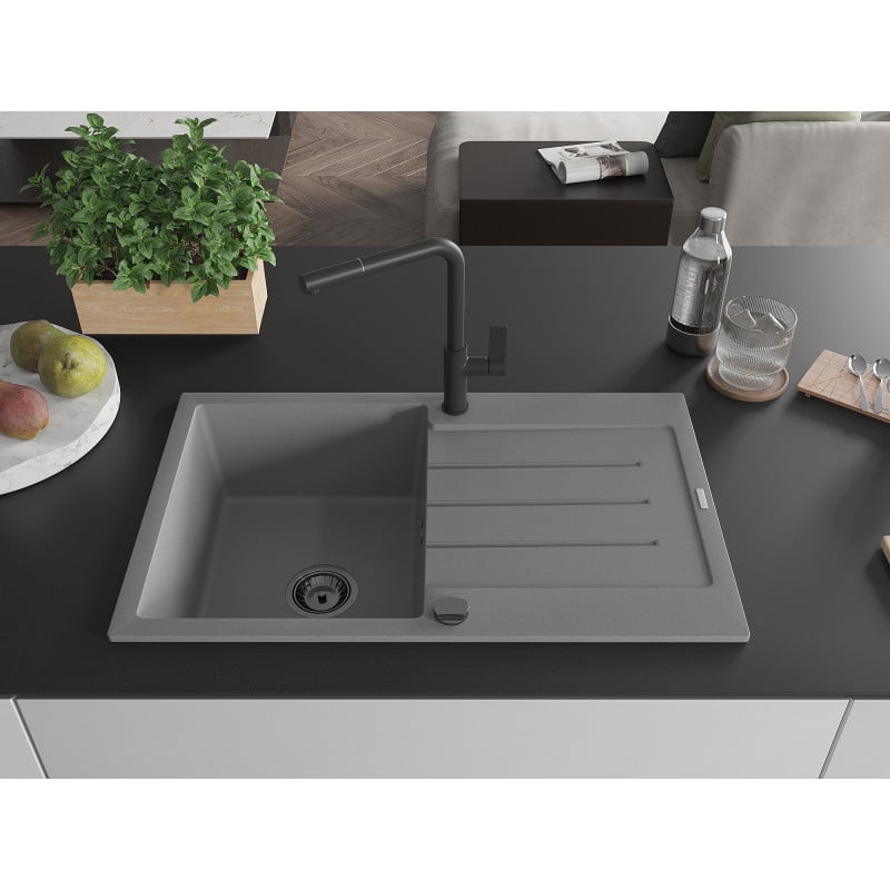 Mexen Bruno Granitspüle 1-Becken mit Abtropffläche und Küchenarmatur Flora, grau - 6513-71-670401-70-B