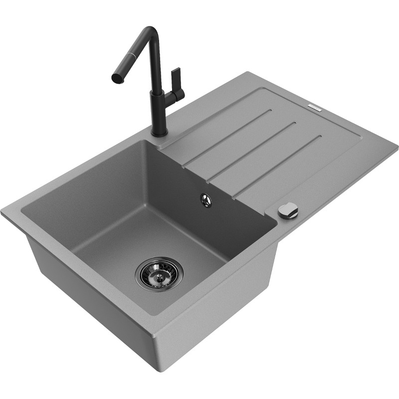 Mexen Bruno Granitspüle mit 1 Becken, Abtropffläche und Küchenarmatur Flora, grau - 6513-71-670401-70-B