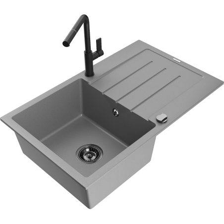 Mexen Bruno Granitspüle 1-Becken mit Abtropffläche und Küchenarmatur Flora, grau - 6513-71-670401-70-B