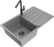 Mexen Bruno Granitspüle mit 1 Becken, Abtropffläche und Küchenarmatur Flora, grau - 6513-71-670401-70-B