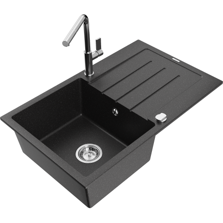 Mexen Bruno Granitspüle 1-beckig mit Abtropffläche und Küchenarmatur Flora, Schwarz/Silber Metallic - 6513-73-670401-00