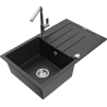 Mexen Bruno Granitspüle 1-Becken mit Abtropffläche und Küchenarmatur Flora, schwarz/silber Metallic - 6513-73-670401-00