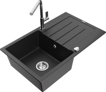 Mexen Bruno Granitspüle 1-Becken mit Abtropffläche und Küchenarmatur Flora, schwarz/silber Metallic - 6513-73-670401-00