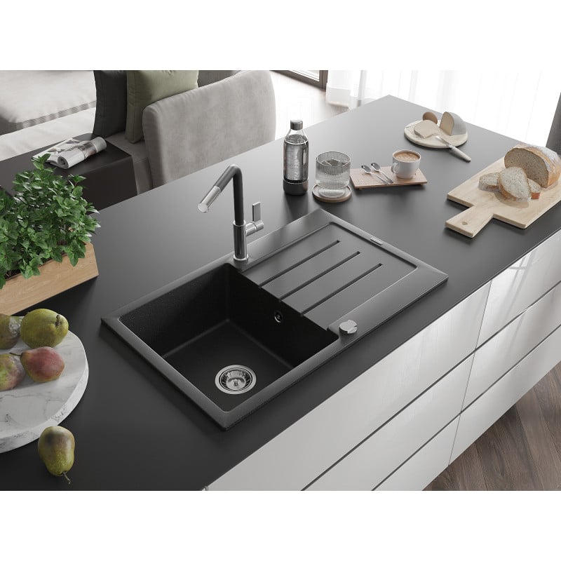 Mexen Bruno Granitspüle 1-Becken mit Abtropffläche und Küchenarmatur Flora, schwarz/silber Metallic - 6513-73-670401-07