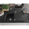 Mexen Bruno Granitspüle 1-Becken mit Abtropffläche und Küchenarmatur Flora, schwarz/silber Metallic - 6513-73-670401-07