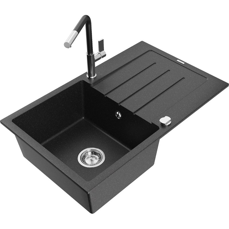 Mexen Bruno Granitspüle 1-Becken mit Abtropffläche und Küchenarmatur Flora, schwarz/silber Metallic - 6513-73-670401-07