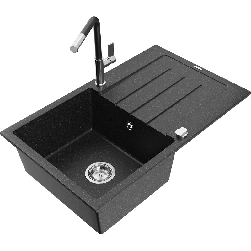 Mexen Bruno Granitspüle 1-beckig mit Abtropffläche und Küchenarmatur Flora, schwarz/silbermetallic - 6513-73-670401-07