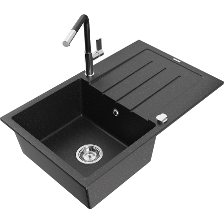 Mexen Bruno Granitspüle 1-Becken mit Abtropffläche und Küchenarmatur Flora, schwarz/silber Metallic - 6513-73-670401-07