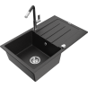 Mexen Bruno Granitspüle 1-Becken mit Abtropffläche und Küchenarmatur Flora, schwarz/silber Metallic - 6513-73-670401-07
