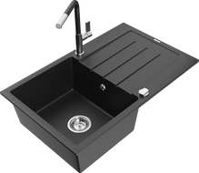Mexen Bruno Granitspüle 1-Becken mit Abtropffläche und Küchenarmatur Flora, schwarz/silber Metallic - 6513-73-670401-07