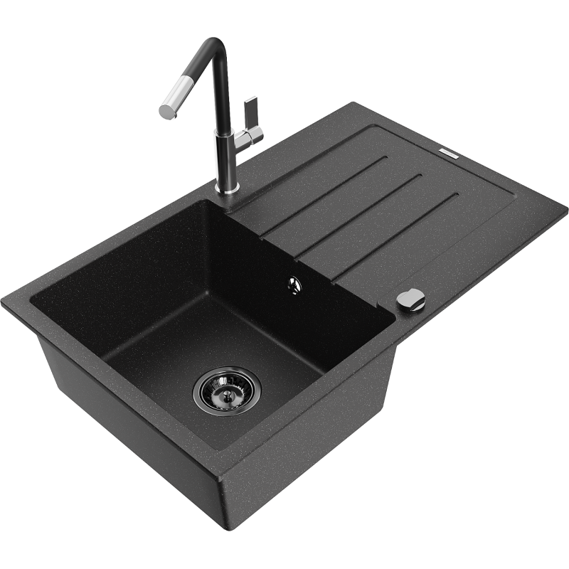 Mexen Bruno Granitspüle 1-Becken mit Abtropffläche und Küchenarmatur Flora, schwarz/silber metallic - 6513-73-670401-07-B