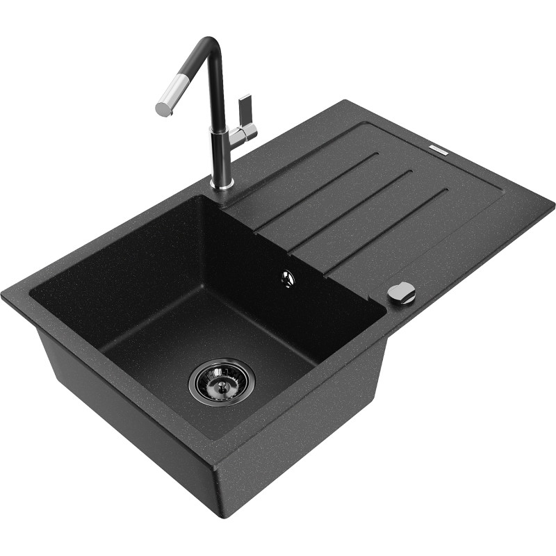 Mexen Bruno Granitspüle 1-beckig mit Abtropffläche und Küchenarmatur Flora, schwarz/silber metallic - 6513-73-670401-07-B