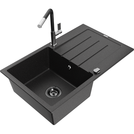 Mexen Bruno Granitspüle 1-Becken mit Abtropffläche und Küchenarmatur Flora, schwarz/silber metallic - 6513-73-670401-07-B