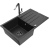 Mexen Bruno Granitspüle 1-Becken mit Abtropffläche und Küchenarmatur Flora, schwarz/silber metallic - 6513-73-670401-07-B