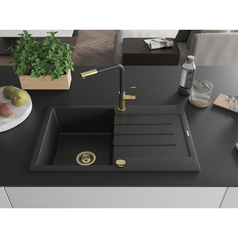 Mexen Bruno Granitspüle 1-beckig mit Abtropffläche und Küchenarmatur Flora, schwarz/silber-metallic - 6513-73-670401-57-G
