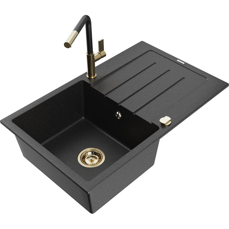 Mexen Bruno Granitspüle 1-Becken mit Abtropffläche und Küchenarmatur Flora, schwarz/silber metallic - 6513-73-670401-57-G