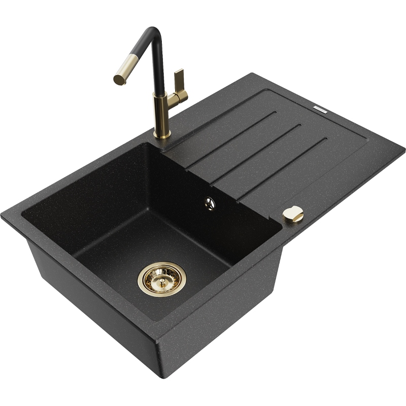 Mexen Bruno Granitspüle 1-beckig mit Abtropffläche und Küchenarmatur Flora, schwarz/silber-metallic - 6513-73-670401-57-G