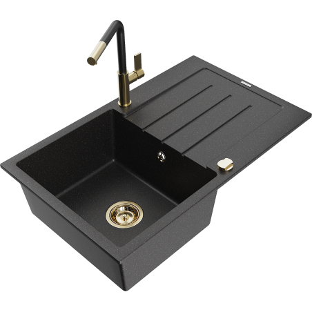 Mexen Bruno Granitspüle 1-beckig mit Abtropffläche und Küchenarmatur Flora, schwarz/silber-metallic - 6513-73-670401-57-G