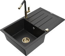 Mexen Bruno Granitspüle 1-Becken mit Abtropffläche und Küchenarmatur Flora, schwarz/silber metallic - 6513-73-670401-57-G