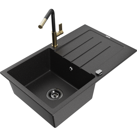 Mexen Bruno Granitspüle, 1-Becken mit Abtropffläche und Küchenarmatur Flora, Schwarz/Silber Metallic - 6513-73-670401-57-B