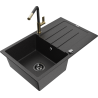 Mexen Bruno Granitspüle, 1-Becken mit Abtropffläche und Küchenarmatur Flora, Schwarz/Silber Metallic - 6513-73-670401-57-B