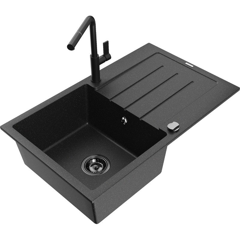 Mexen Bruno Granitspüle 1 Becken mit Abtropffläche und Küchenarmatur Flora, Schwarz/Silber-Metallic - 6513-73-670401-70-B