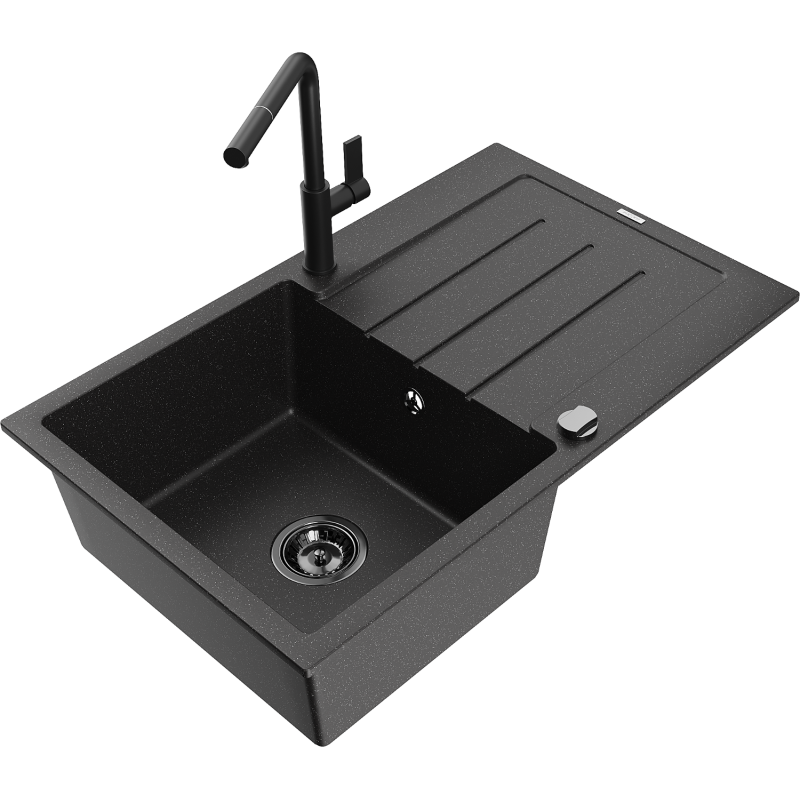 Mexen Bruno Granitspüle 1-beckig mit Abtropffläche und Küchenarmatur Flora, schwarz/silber metallic - 6513-73-670401-70-B