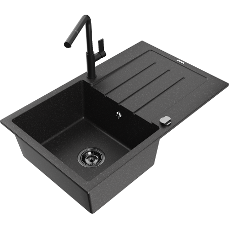 Mexen Bruno Granitspüle 1-beckig mit Abtropffläche und Küchenarmatur Flora, schwarz/silber metallic - 6513-73-670401-70-B