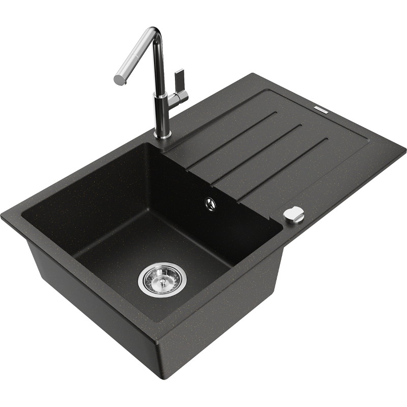 Mexen Bruno Granitspüle mit 1 Becken, Abtropffläche und Küchenarmatur Flora, schwarz/goldmetallik - 6513-75-670401-00