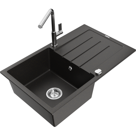 Mexen Bruno Granitspüle 1-Becken mit Abtropffläche und Küchenarmatur Flora, Schwarz/Gold Metallic - 6513-75-670401-00