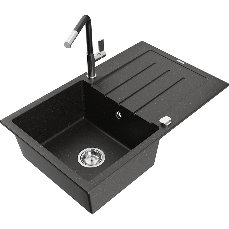Mexen Bruno Granit-Spülbecken 1-Kammer mit Abtropffläche und Küchenarmatur Flora, schwarz/gold metallic - 6513-75-670401-07