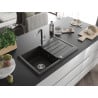 Mexen Bruno Granitspüle 1-beckig mit Abtropffläche und Küchenarmatur Flora, Schwarz/Gold Metallic - 6513-75-670401-07