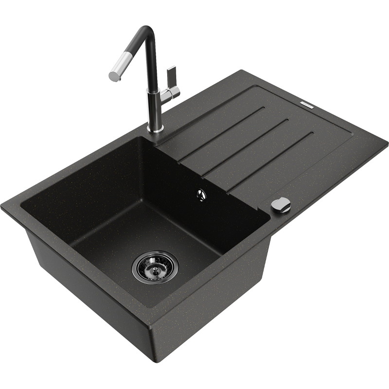 Mexen Bruno granitspüle 1-becken mit abtropffläche und küchenarmatur Flora, schwarz/gold metallic - 6513-75-670401-07-B