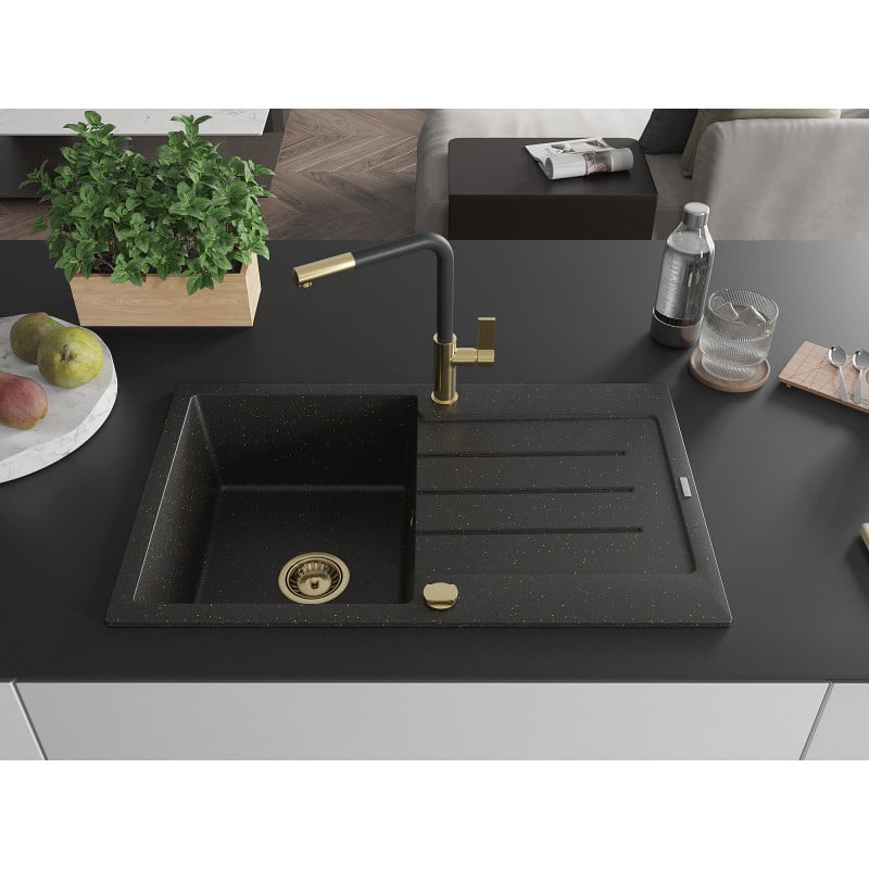 Mexen Bruno Granitspüle 1-Becken mit Abtropffläche und Küchenarmatur Flora, schwarz/gold metallic - 6513-75-670401-57-G
