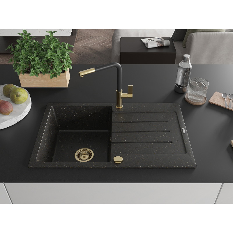 Mexen Bruno Granitspüle 1-beckig mit Abtropffläche und Küchenarmatur Flora, schwarz/gold metallic - 6513-75-670401-57-G