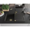 Mexen Bruno Granitspüle 1-Becken mit Abtropffläche und Küchenarmatur Flora, schwarz/gold metallic - 6513-75-670401-57-G