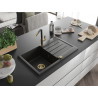 Mexen Bruno Granitspüle 1-Becken mit Abtropffläche und Küchenarmatur Flora, schwarz/gold metallic - 6513-75-670401-57-G
