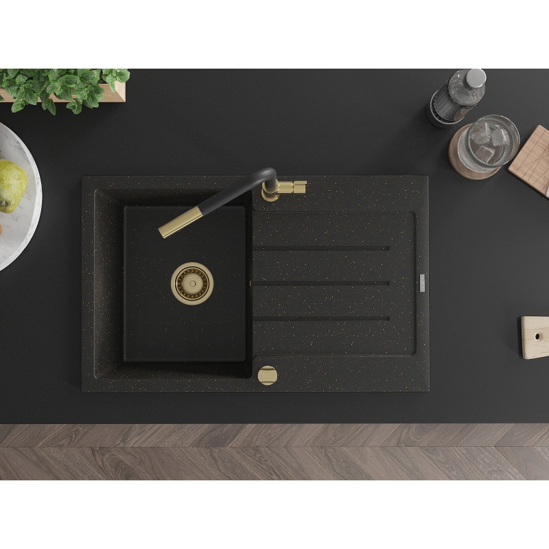 Mexen Bruno Granitspüle 1-beckig mit Abtropffläche und Küchenarmatur Flora, schwarz/gold metallic - 6513-75-670401-57-G