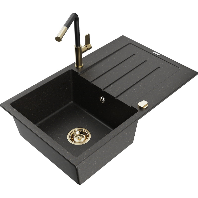 Mexen Bruno Granitspüle 1-beckig mit Abtropffläche und Küchenarmatur Flora, schwarz/gold metallic - 6513-75-670401-57-G