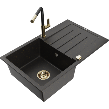 Mexen Bruno Granitspüle 1-Becken mit Abtropffläche und Küchenarmatur Flora, schwarz/gold metallic - 6513-75-670401-57-G