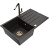 Mexen Bruno Granitspüle 1-Becken mit Abtropffläche und Küchenarmatur Flora, schwarz/gold metallic - 6513-75-670401-57-G