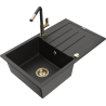 Mexen Bruno Granitspüle 1-beckig mit Abtropffläche und Küchenarmatur Flora, schwarz/gold metallic - 6513-75-670401-57-G