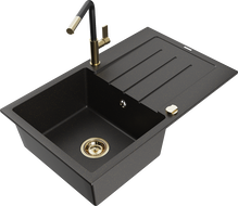 Mexen Bruno Granitspüle 1-Becken mit Abtropffläche und Küchenarmatur Flora, schwarz/gold metallic - 6513-75-670401-57-G