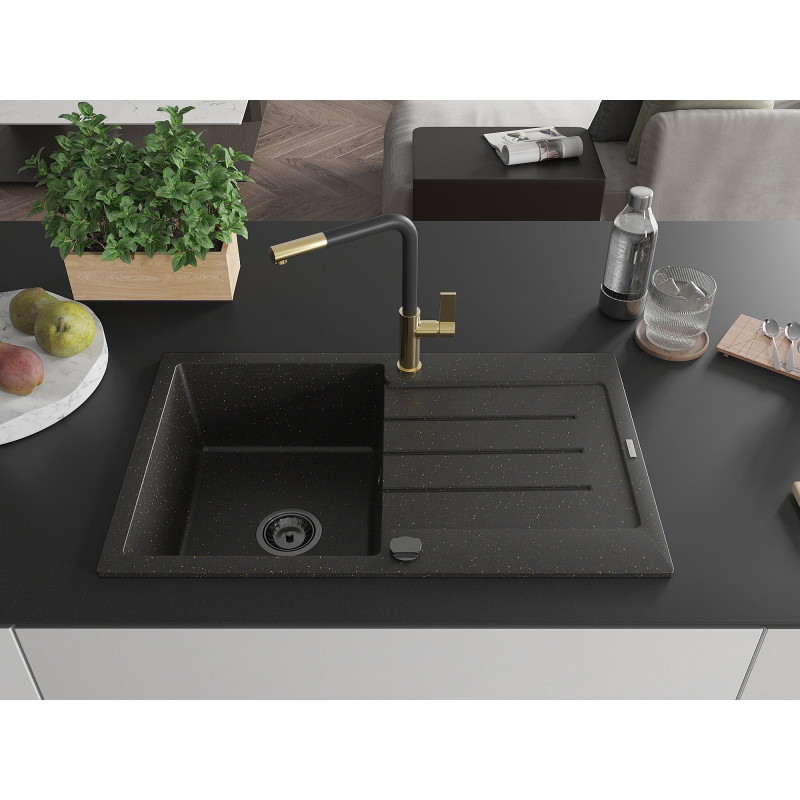 Mexen Bruno Granitspüle 1-beckig mit Abtropffläche und Küchenarmatur Flora, schwarz/gold Metallic - 6513-75-670401-57-B