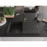 Mexen Bruno Granitspüle 1-beckig mit Abtropffläche und Küchenarmatur Flora, schwarz/goldener Metallic - 6513-75-670401-57-B