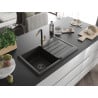 Mexen Bruno Granitspüle 1-beckig mit Abtropffläche und Küchenarmatur Flora, schwarz/goldener Metallic - 6513-75-670401-57-B
