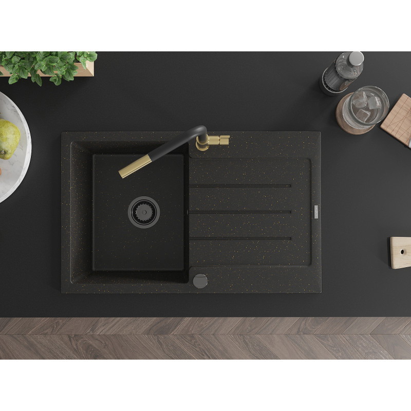Mexen Bruno Granitspüle 1-beckig mit Abtropffläche und Küchenarmatur Flora, schwarz/goldener Metallic - 6513-75-670401-57-B